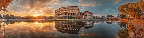 Fototapeta Sunrise view of the Colosseum in Rome reflecting on water. AI generated illustration