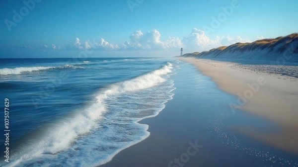 Fototapeta serene beach scene on the island of sylt, germany, with soft white sand, rolling waves, and a majestic lighthouse in the distance. this idyllic setting captures tranquility