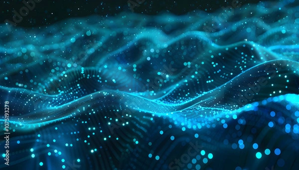 Fototapeta Abstract blue digital wave with glowing dots on a dark background