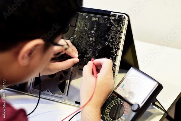 Obraz Computer technician wearing glasses A laptop motherboard repairman is using an IC meter to find faults on the motherboard to repair on his table. Board repair using modern technology