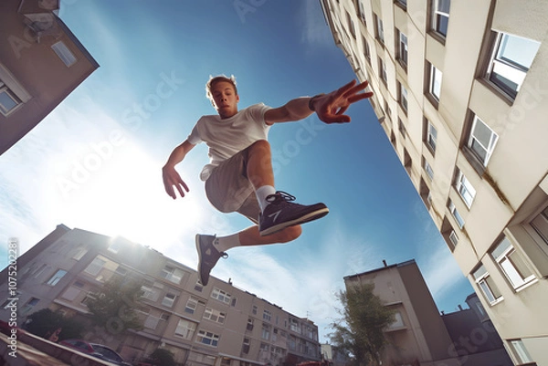 Obraz photo of a parkour athlete jumping between buildings