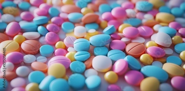 Fototapeta Colorful pills and tablets background. Close-up of various colorful pills in the style of architectural 
