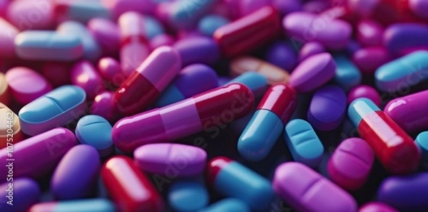 Fototapeta Colorful pills and tablets background. Close-up of various colorful pills in the style of architectural 