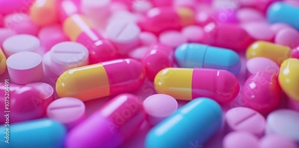 Fototapeta Colorful pills and tablets background. Close-up of various colorful pills in the style of architectural 