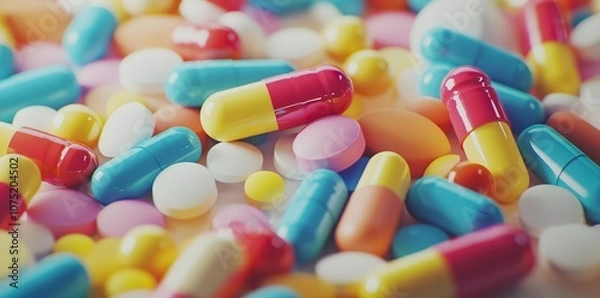 Fototapeta Colorful pills and tablets background. Close-up of various colorful pills in the style of architectural 