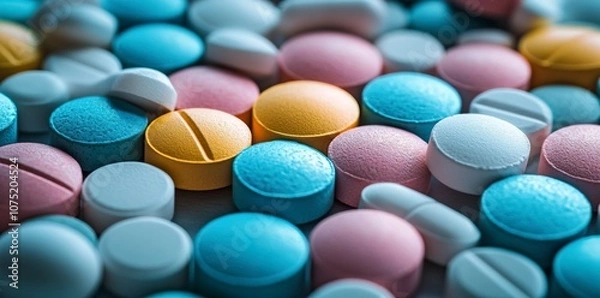 Fototapeta Colorful pills and tablets background. Close-up of various colorful pills in the style of architectural 