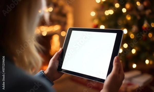 Fototapeta Woman is holding tablet with a white screen. Concept of calm and focus, as the woman is intently looking at the screen. The tablet could be device for work, study or entertainment