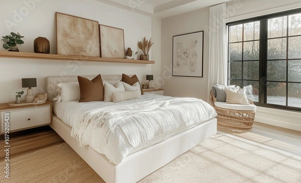 Fototapeta Warm modern bedroom with soft white bedding, textured pillows, and neutral tones. Natural light filters in, highlighting earthy decor, wood elements, and minimalist art.