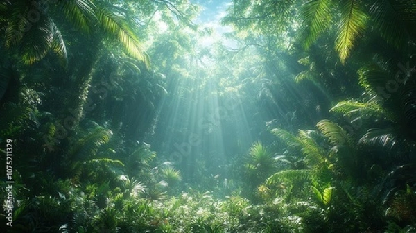 Fototapeta sunlight filtering through the dense canopy of a lush rainforest, casting ethereal beams onto vibrant tropical foliage, creating a serene and enchanting atmosphere that celebrates the beauty of nature
