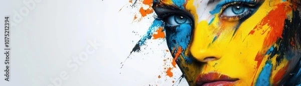 Fototapeta A colorful, artistic depiction of a woman's face, featuring vibrant shades of blue, yellow, and orange, with a painterly style evoking creativity and expression.