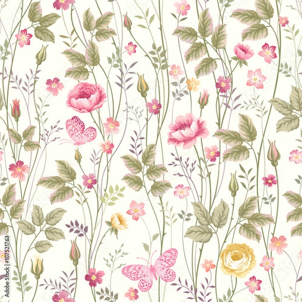 Fototapeta seamless floral pattern with roses and butterfly