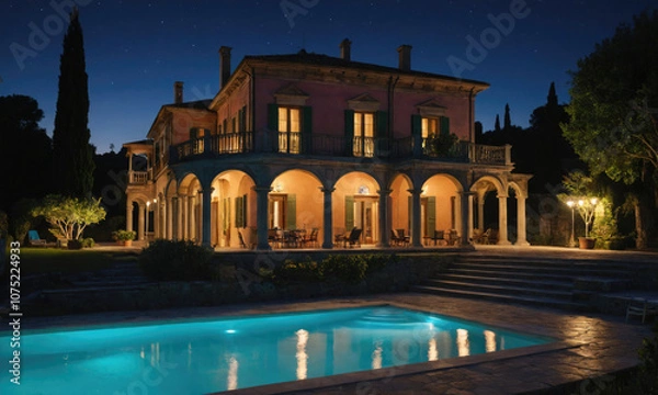 Fototapeta A large, elegant villa with a pool sits under a starry night sky