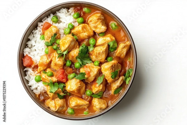 Fototapeta Delicious chicken curry served over fluffy rice with fresh peas and tomatoes, ready to enjoy for dinner. Generative AI