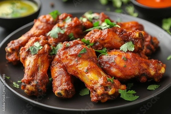 Fototapeta Fried chicken masala wings on a dish against a white backdrop. Generative Ai