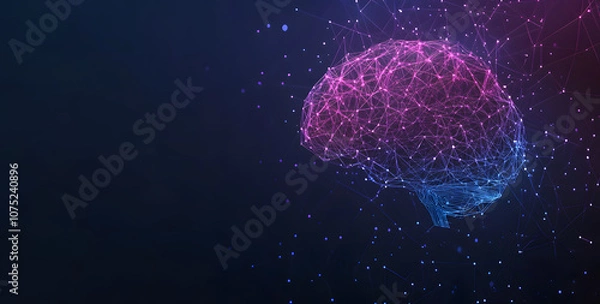 Fototapeta A digital abstract background with glowing blue and purple connections forms the shape of an AI brain on a dark gradient, ideal for tech presentations and social network banners.