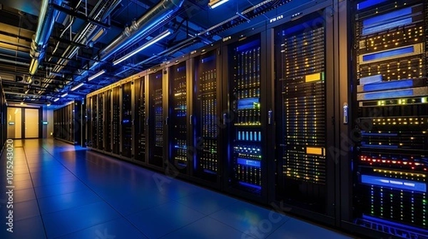Fototapeta A sleek ultra-modern data center with rows of servers ambient lighting and advanced cooling systems showcasing the backbone of cloud computing infrastructure