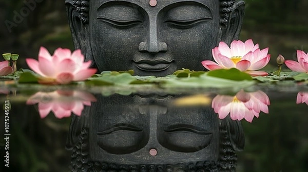 Fototapeta Serene Buddha Statue Reflecting in a Pond with Pink Lotus Flowers