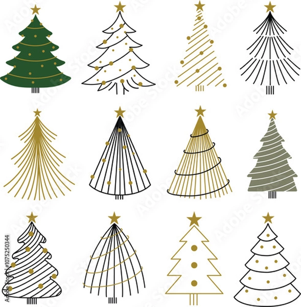 Obraz Collection of Modern Minimalist Christmas Tree Vectors - Stylish Festive Holiday Icons in Line Art
