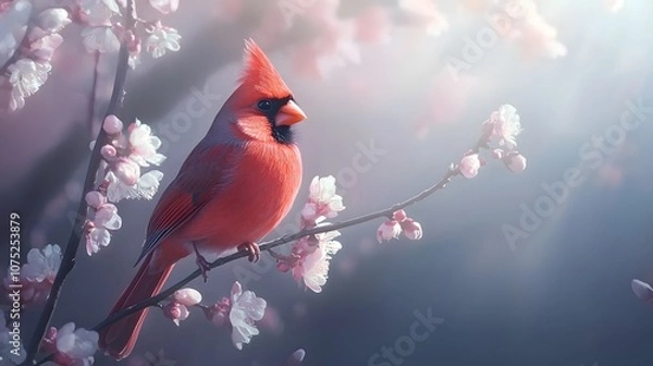 Fototapeta A cardinal sitting on a branch in spring day illustration