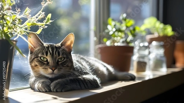 Fototapeta A cat resting on a windowsill in sunlight