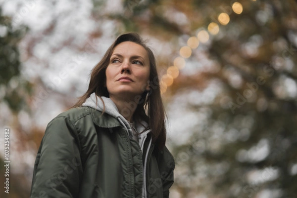 Obraz Close up of  upset thoughtful young female feel lonely pondering, walking in autumn park 