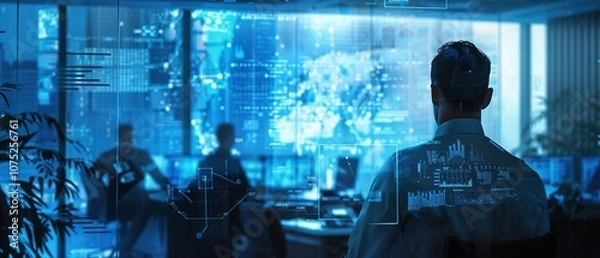 Obraz Team Discussing Compliance Policies on Digital Screen in Office Setting