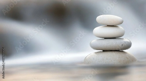 Obraz Smooth stones stack gracefully against the backdrop of a flowing stream, symbolizing balance and tranquility in nature's serene embrace.