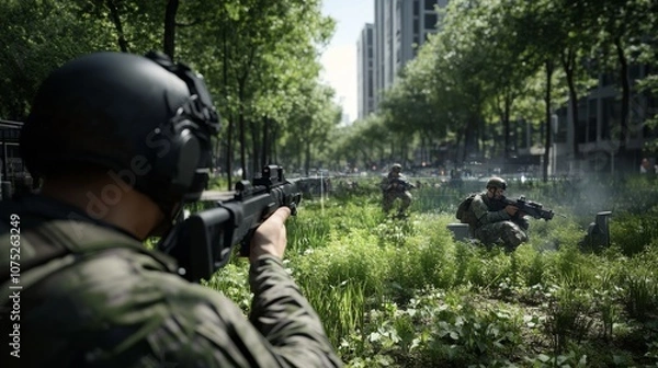 Fototapeta Armed forces lie in wait within urban greenery, poised for action amidst skyscrapers, highlighting tension between nature and city life.
