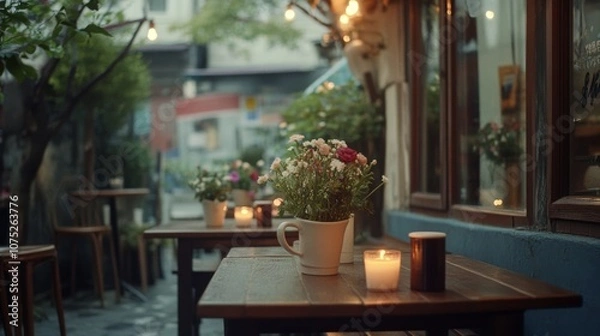 Fototapeta A charming street café with candlelit tables and vibrant flowers, ideal for a tranquil evening of conversation and relaxation.
