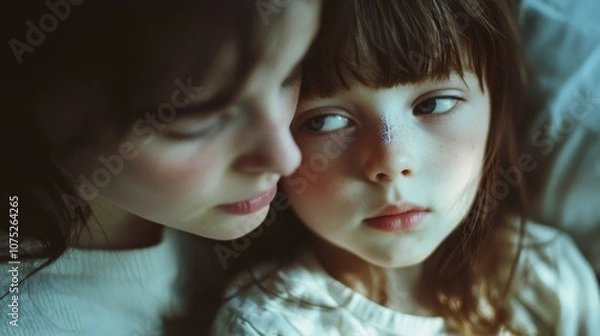 Obraz Tender emotion is shared between an adult and a child, captured softly in an intimate moment of care.