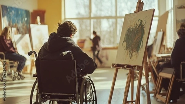 Fototapeta An artist in a wheelchair in a sunlit studio, deep in focus, painting on an easel, highlighting creativity, determination, and the power of art.