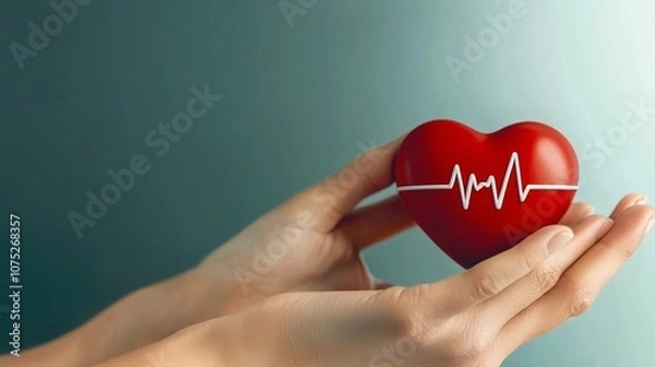 Fototapeta  Un corazón rojo con un símbolo de latido sostenido por manos cuidadosas, representando salud y cuidado.
