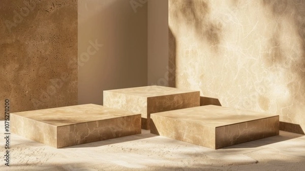 Obraz Earthy Elegance: Product display on minimalist beige stone podiums bathed in soft sunlight.  A serene and sophisticated setting for showcasing your brand. 