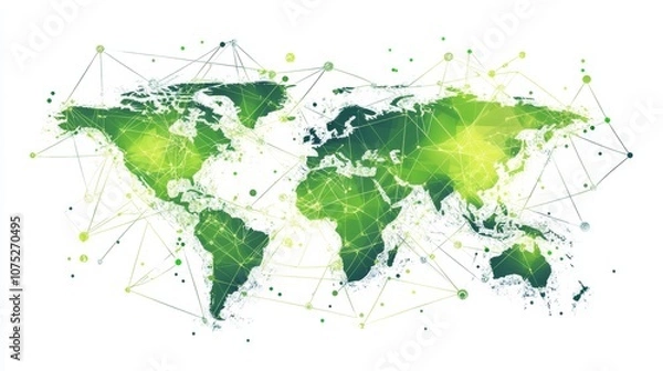 Fototapeta A futuristic map of Earth, showing a global social network. The image uses green and geometric designs, representing the interconnectedness of technology and the internet.