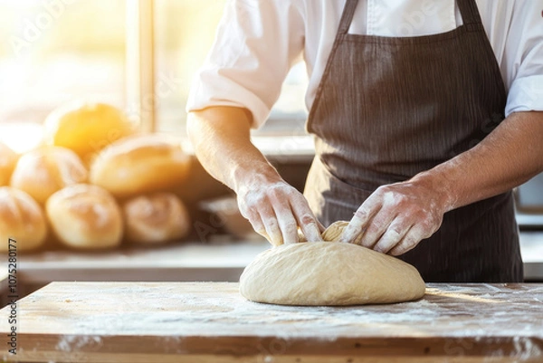 Fototapeta A baker kneads fresh dough on a wooden table in a warm, sunlit bakery, surrounded by golden loaves of bread.