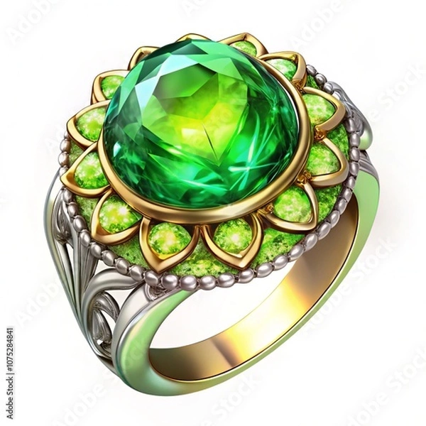Obraz beautiful ring with green gem isolated on white