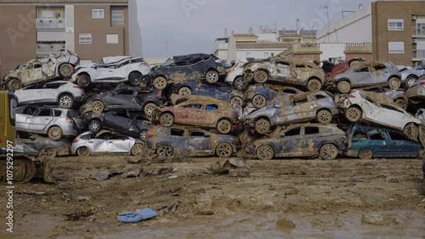 Fototapeta Crowd of cars destroyed by floods in Alfafar, Valencia, Spain. natural disaster.November 2024