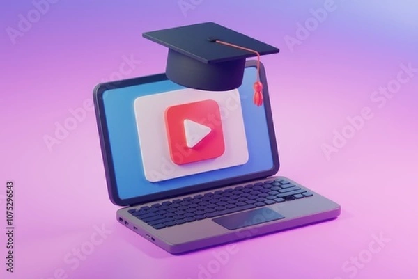 Fototapeta Laptop with graduation cap and play button  symbolizing online learning.