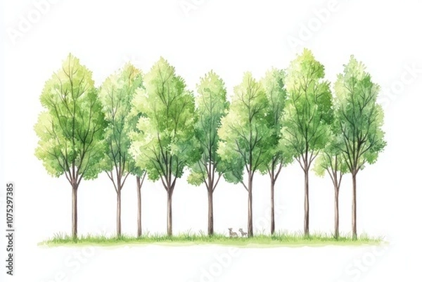Fototapeta A row of lush green trees against a white background, showcasing nature's beauty and tranquility.