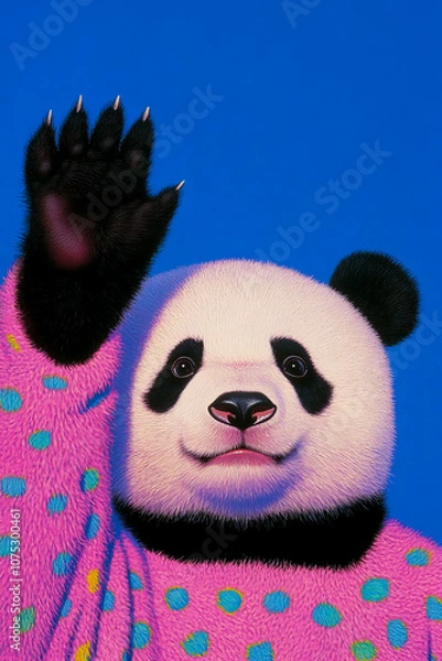 Obraz Whimsical image of a panda bear wearing a pink, polka-dotted sweater and waving, set against a bold blue background for a playful effect