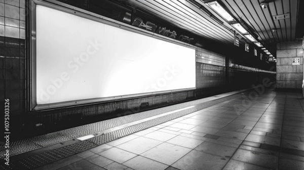 Fototapeta Subway station with a large white sign on the wall. The sign is empty and the station is empty