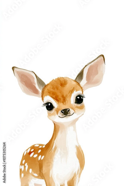 Obraz Charming watercolor illustration of a cute baby deer with big eyes and gentle expression, set against a simple white background, evoking innocence