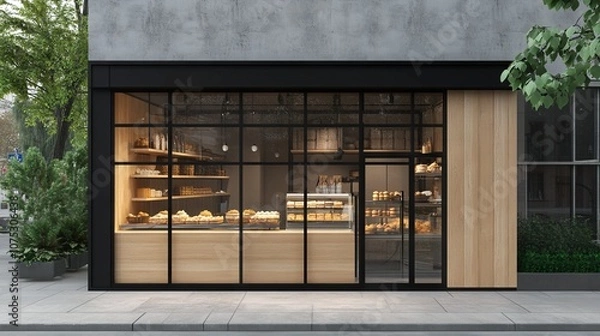 Fototapeta Charming Modern Coffee Shop Front with Wooden and Metal Details on an Urban Corner. AI generated illustration