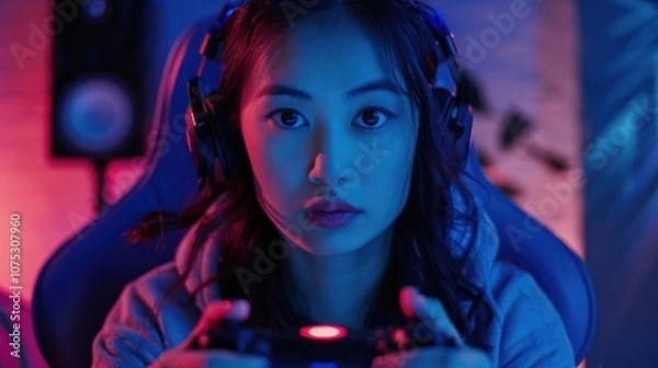 Fototapeta A young female gamer wearing headphones and playing a video game with a controller, set against an ambiently lit room.