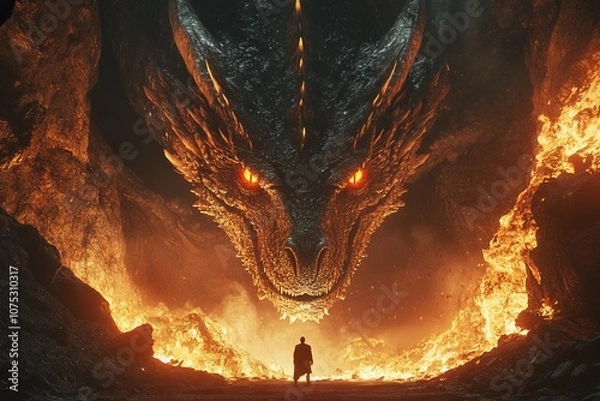 Fototapeta Epic Encounter with a Giant Dragon in a Dark Cave. AI generated illustration