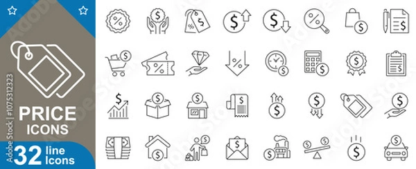 Fototapeta Price line icons set. Dollar, cost, discount, sale, payment, tag, affordability, value, pricing and more. vector illustration.