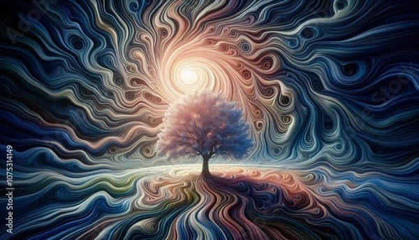 Fototapeta A single tree made of swirling, centered, surreal, abstract, dreamscape-style liquid spirals