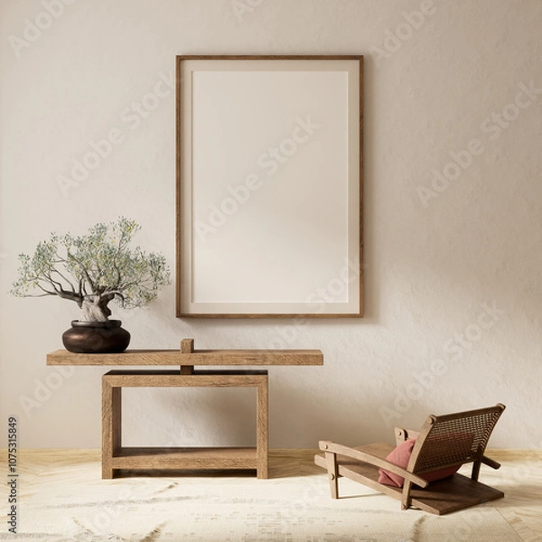 Fototapeta Japanese style interior design with wooden furnitures and raw materials. Mocuk up poster frame in  Japandi style interior. 3D illustration