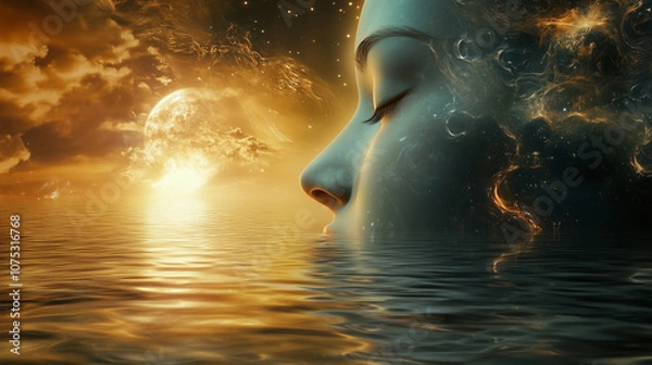 Fototapeta Woman's face in profile with ethereal fire and water elements blending into cosmic night. Abstract wallpaper, background