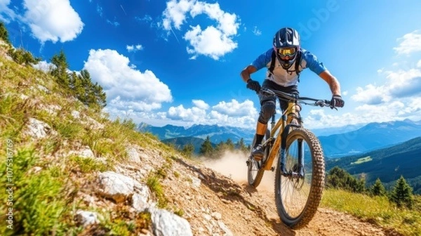Obraz Perfect Mountain Biker Racing Downhill Under Blue Sky